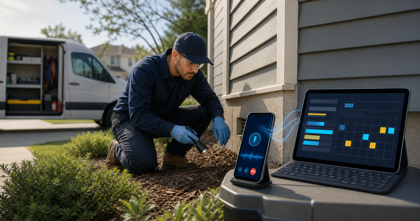 Pest-control technician inspecting a property while an AI receptionist handles calls and appointment booking