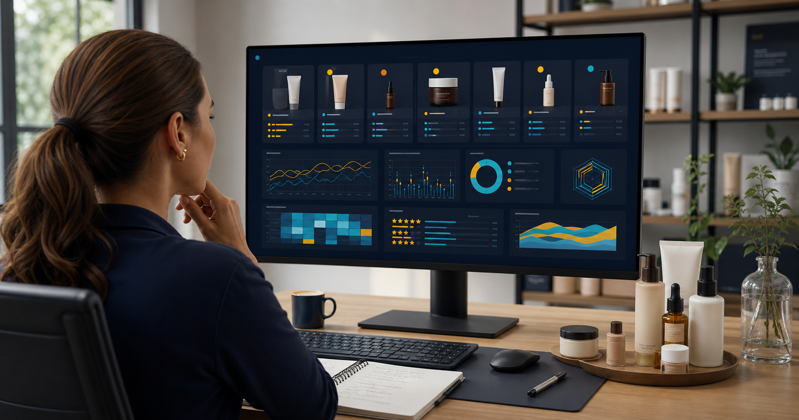 Beauty brand product manager comparing unbranded marketplace listings, prices and review themes