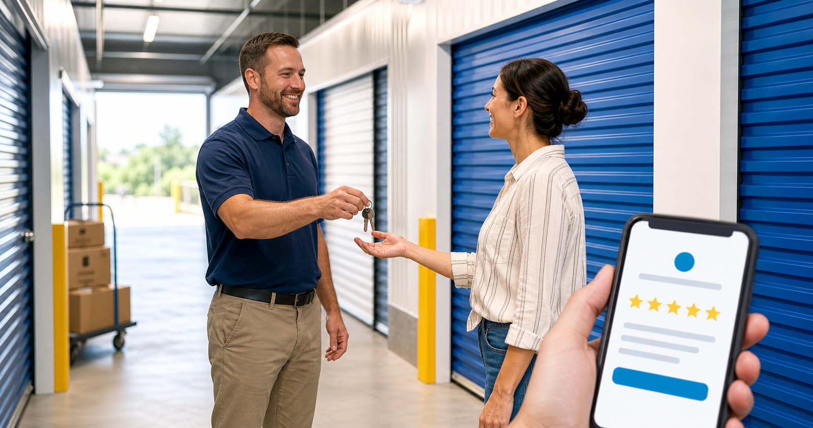 Self-storage manager handing unit keys to a customer beside a five-star review request