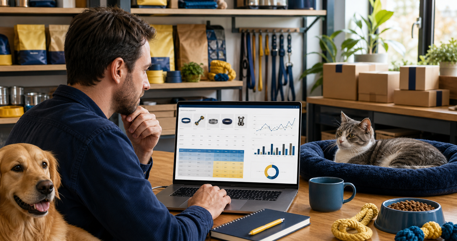 Online pet-store owner comparing product pricing and Google Shopping performance with a dog and cat nearby