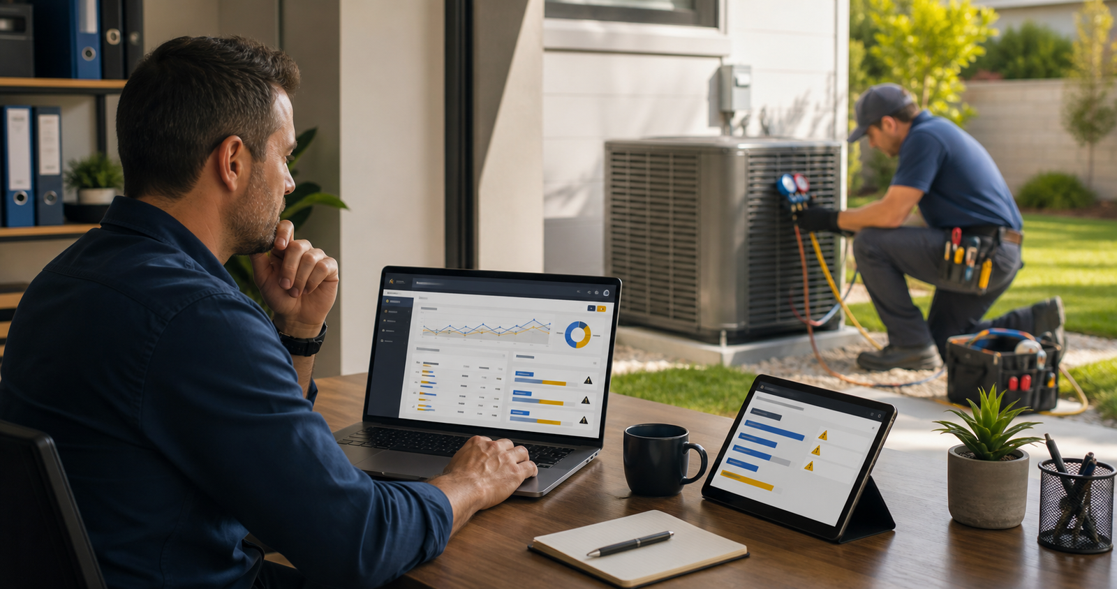 PPC specialist auditing HVAC Google Ads performance while a technician services an air-conditioning unit