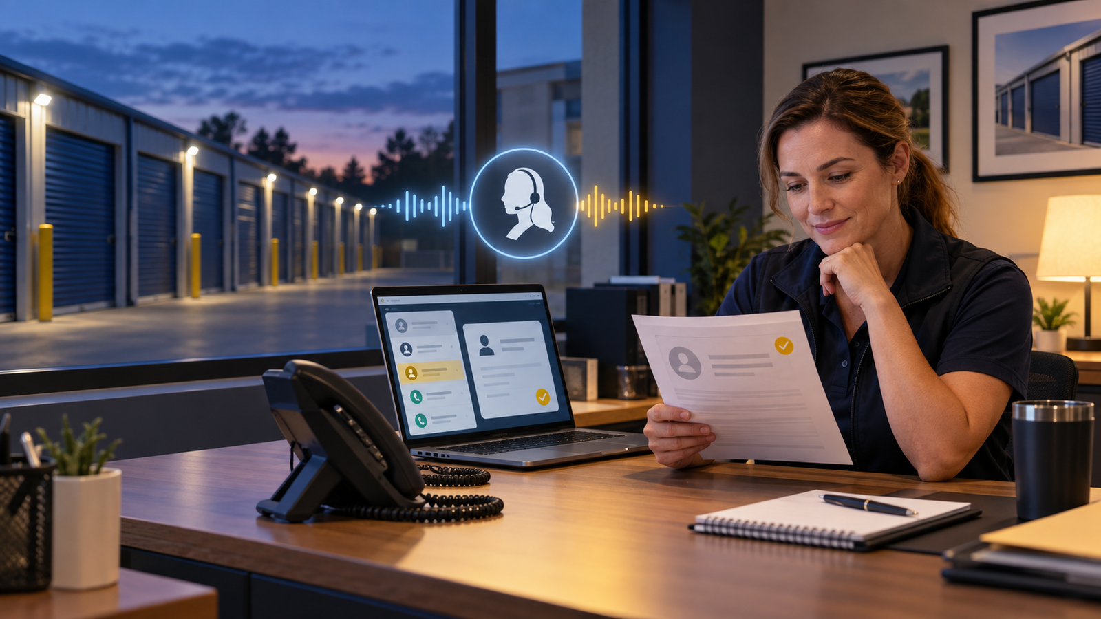 Self-storage manager reviewing an after-hours call summary while an AI receptionist handles an enquiry