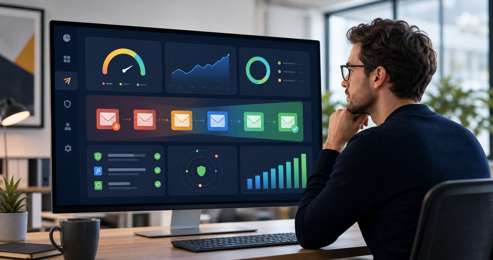 Marketing operator reviewing an abstract email deliverability, domain health and inbox placement dashboard