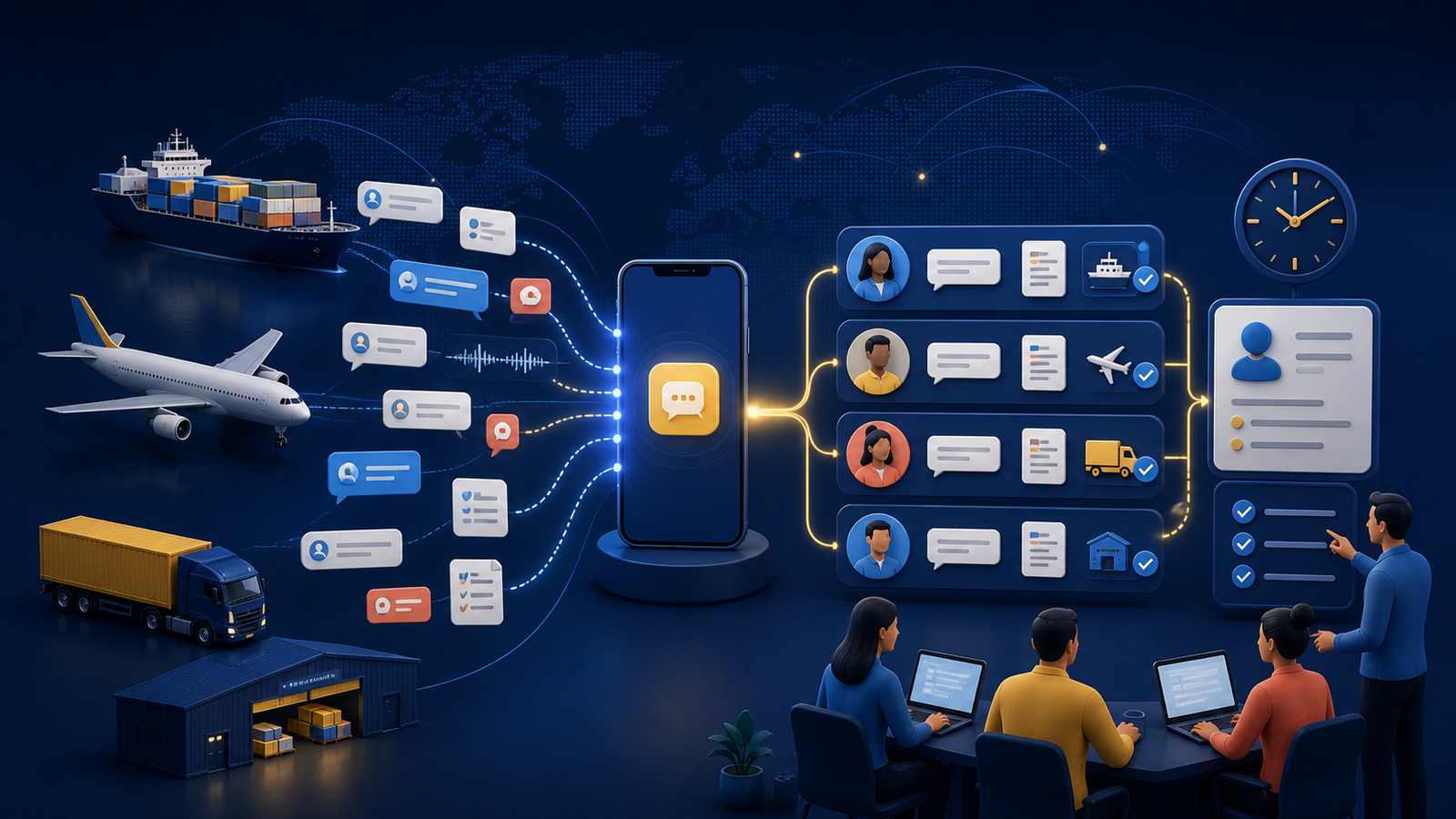 Freight forwarding team organising WhatsApp quotes and shipment updates in a shared CRM workflow